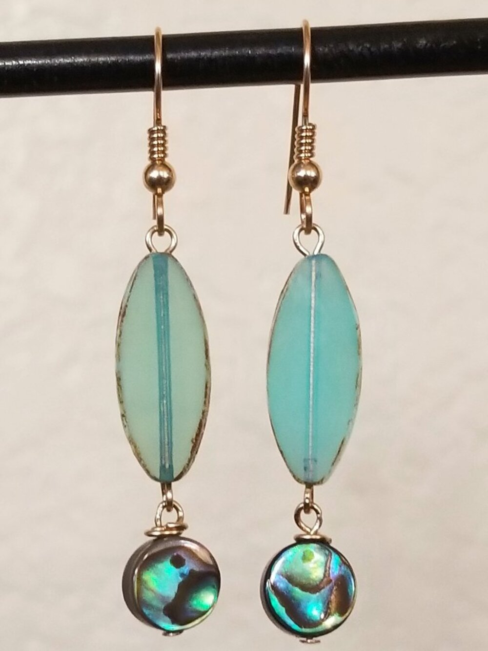 14k Gold Filled Teal Abalone Shell & Seafoam Glass Dangle Earrings